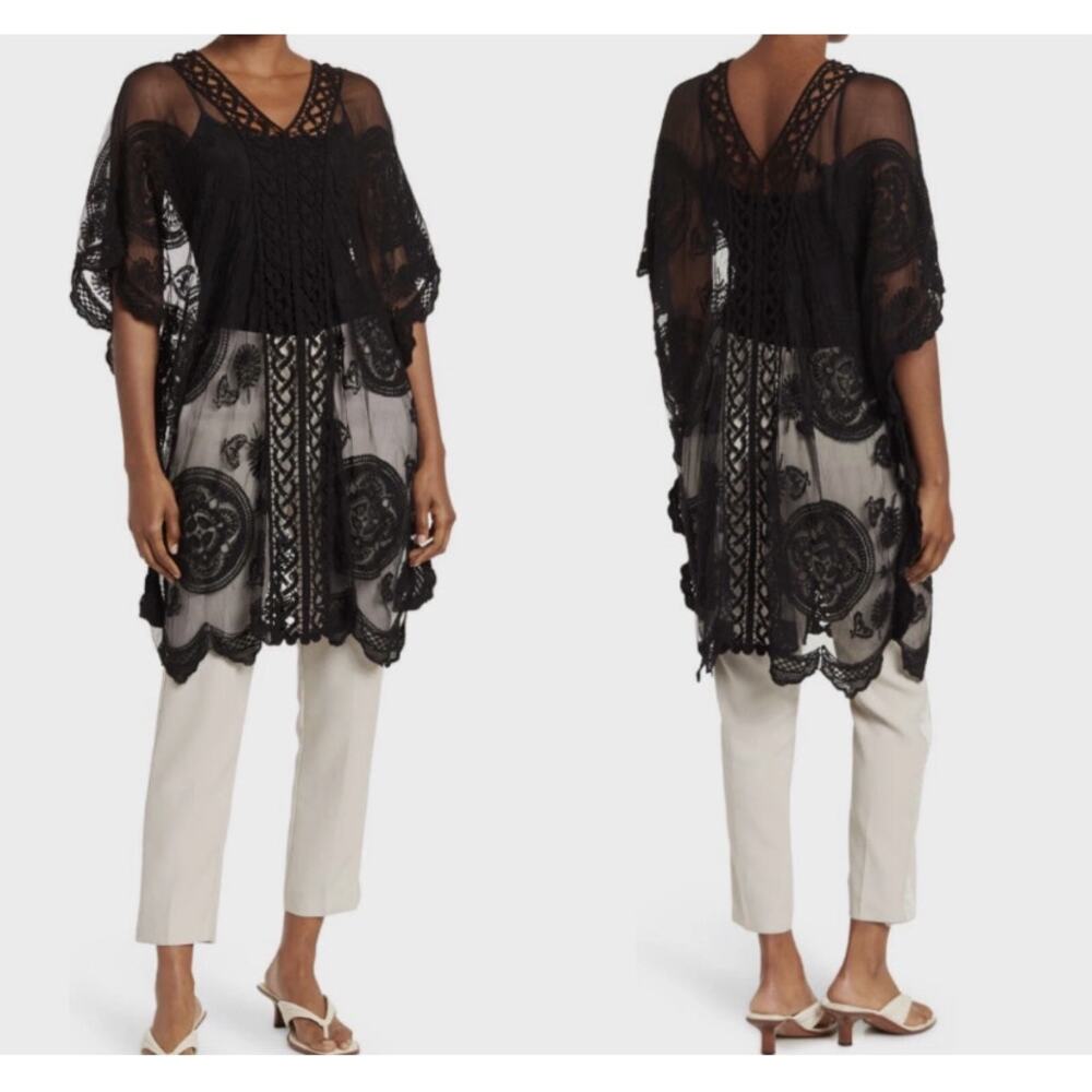 Vince Camuto Leaf Lace Kimono Topper Coverup Overlay NWT One Size Black